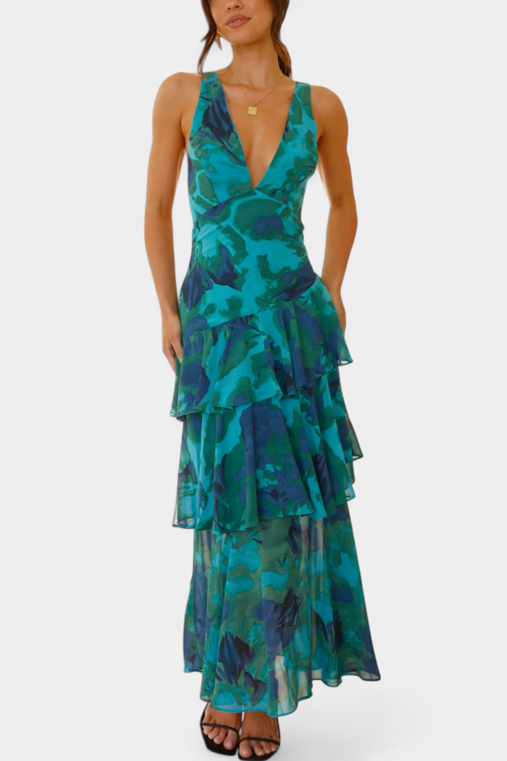 Domenica - Vestido de Gasa con Escote en V y Capas Fluidas para Mujer