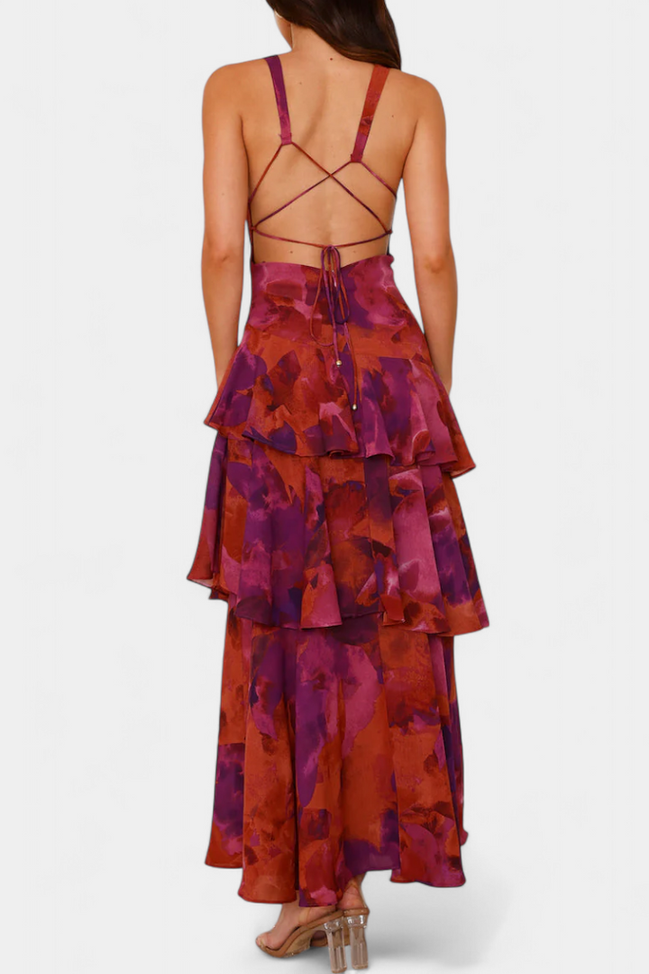 Domenica - Vestido de Gasa con Escote en V y Capas Fluidas para Mujer