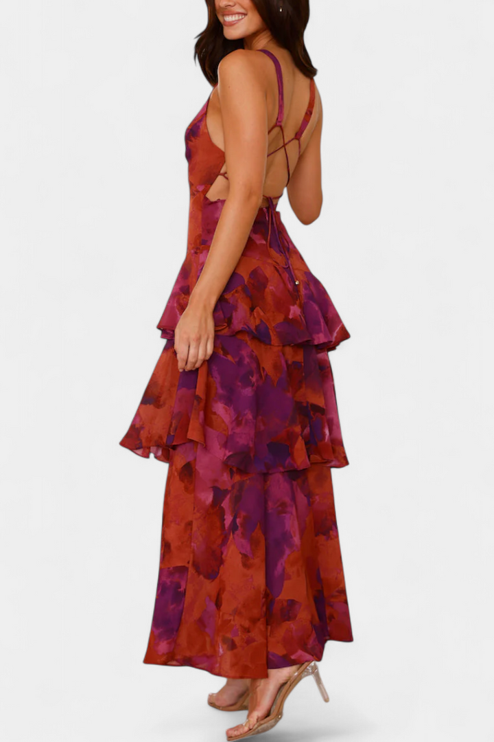 Domenica - Vestido de Gasa con Escote en V y Capas Fluidas para Mujer