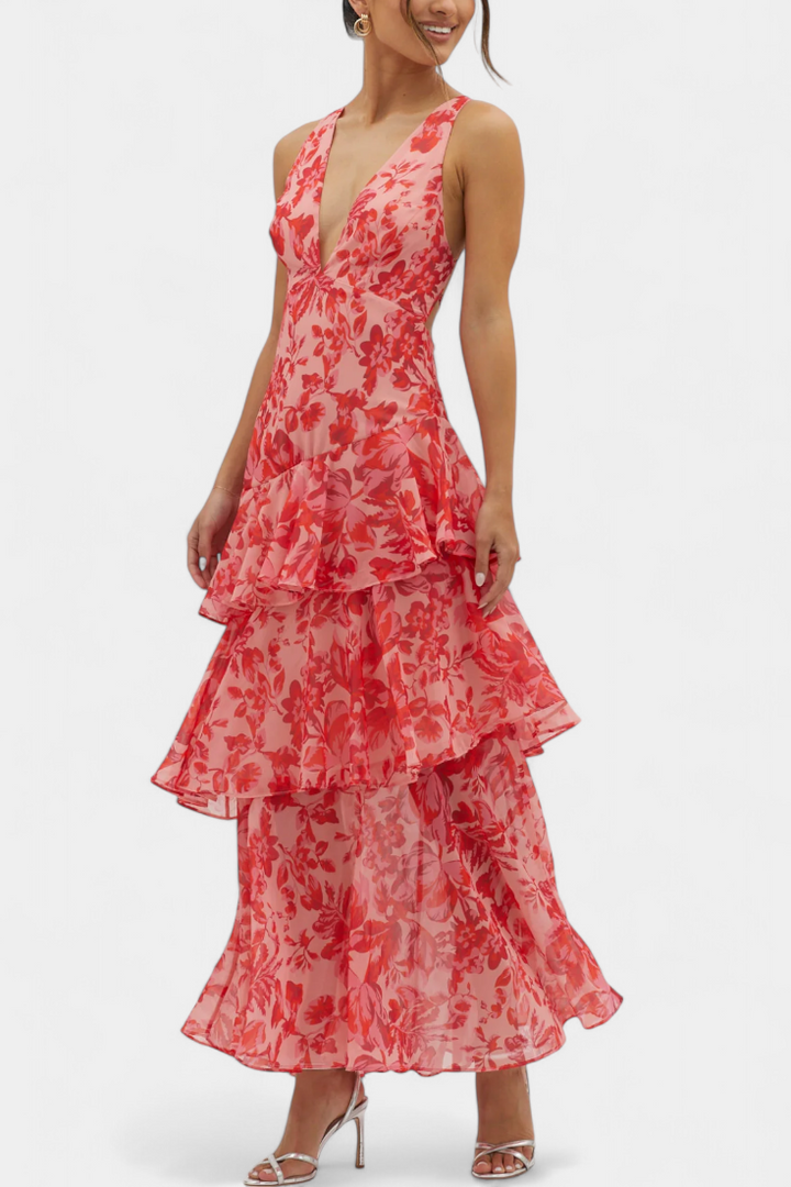 Domenica - Vestido de Gasa con Escote en V y Capas Fluidas para Mujer