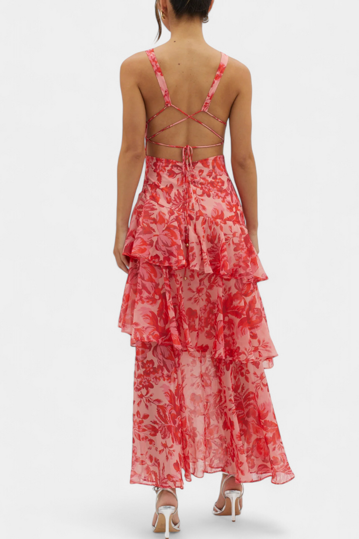 Domenica - Vestido de Gasa con Escote en V y Capas Fluidas para Mujer