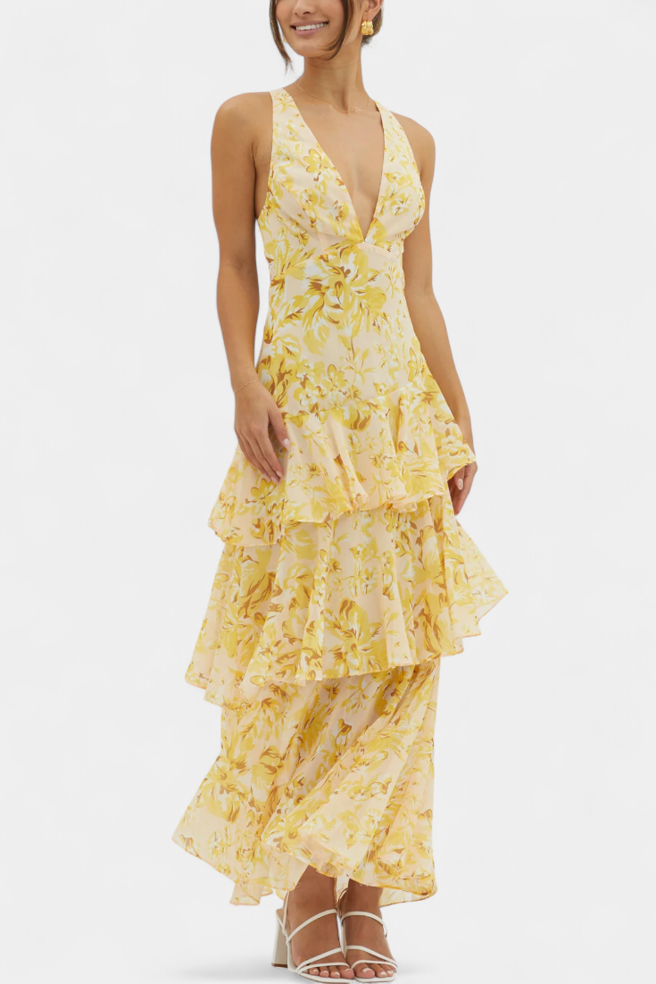 Domenica - Vestido de Gasa con Escote en V y Capas Fluidas para Mujer