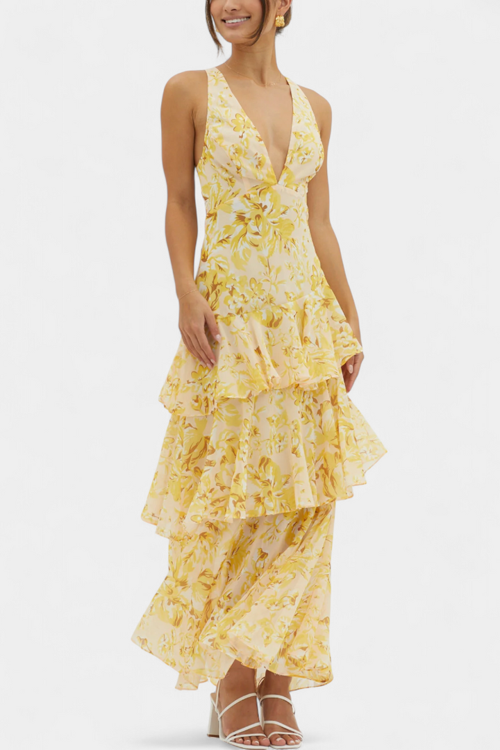 Domenica - Vestido de Gasa con Escote en V y Capas Fluidas para Mujer
