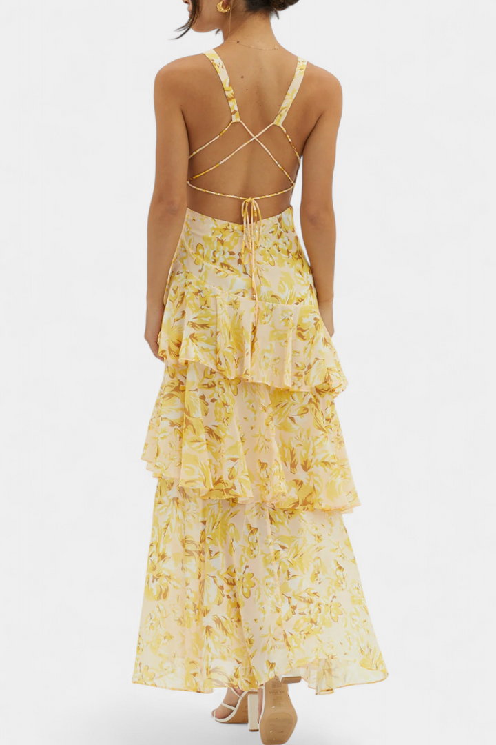 Domenica - Vestido de Gasa con Escote en V y Capas Fluidas para Mujer