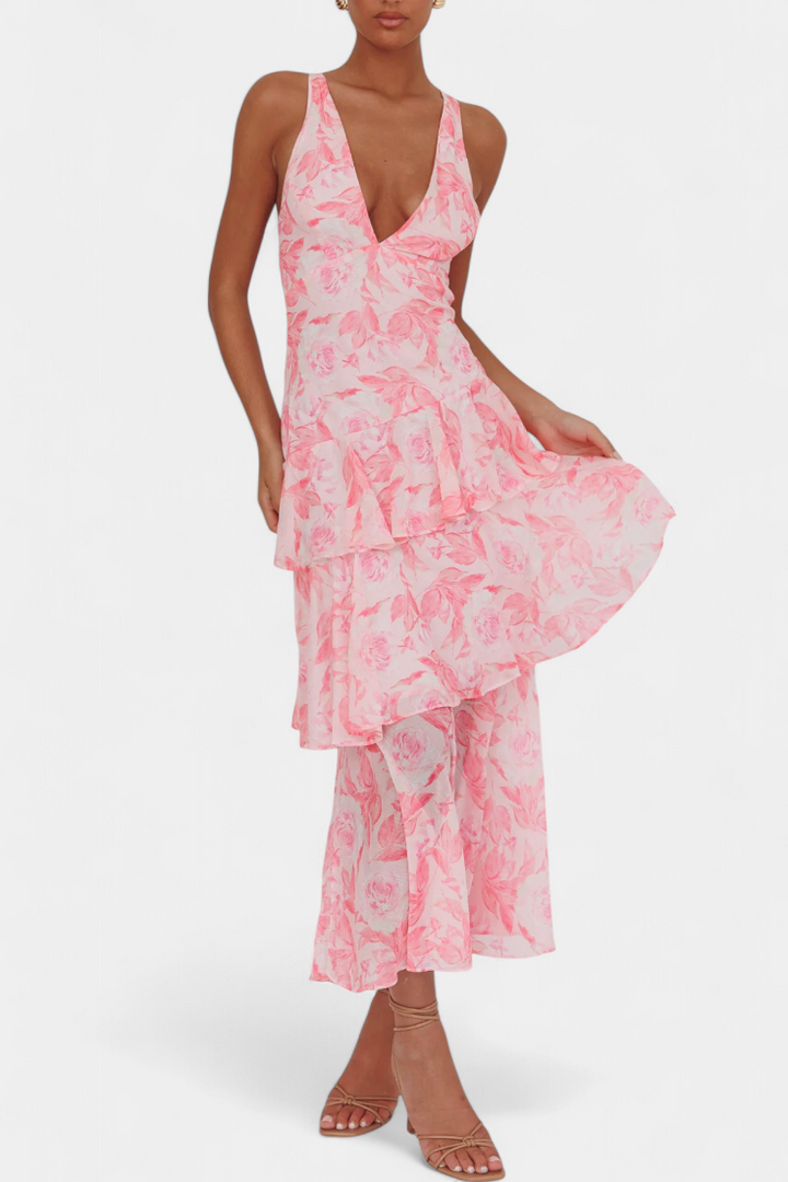 Domenica - Vestido de Gasa con Escote en V y Capas Fluidas para Mujer