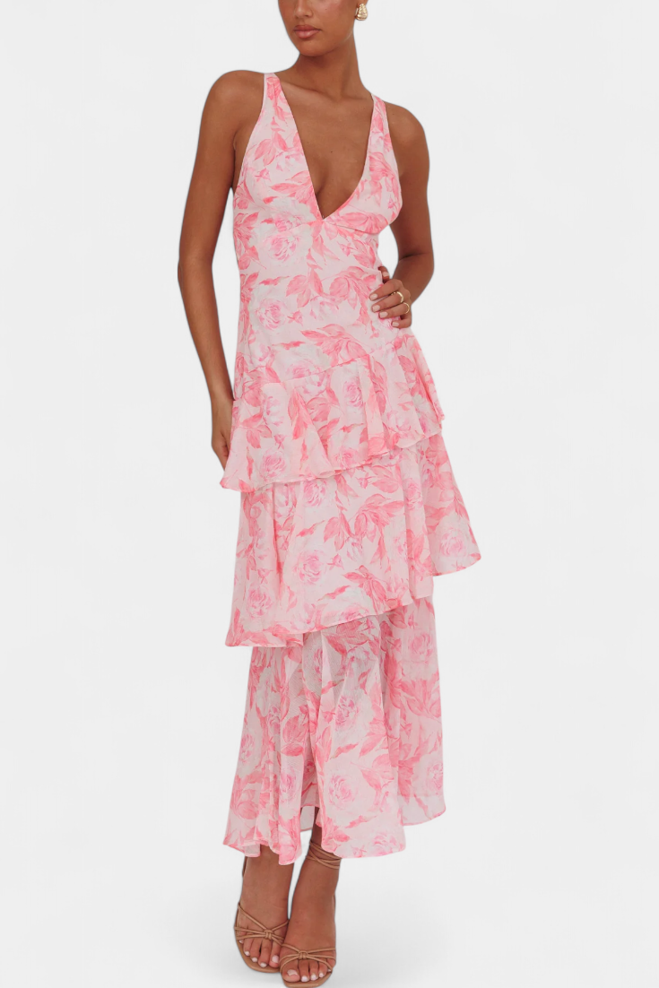 Domenica - Vestido de Gasa con Escote en V y Capas Fluidas para Mujer