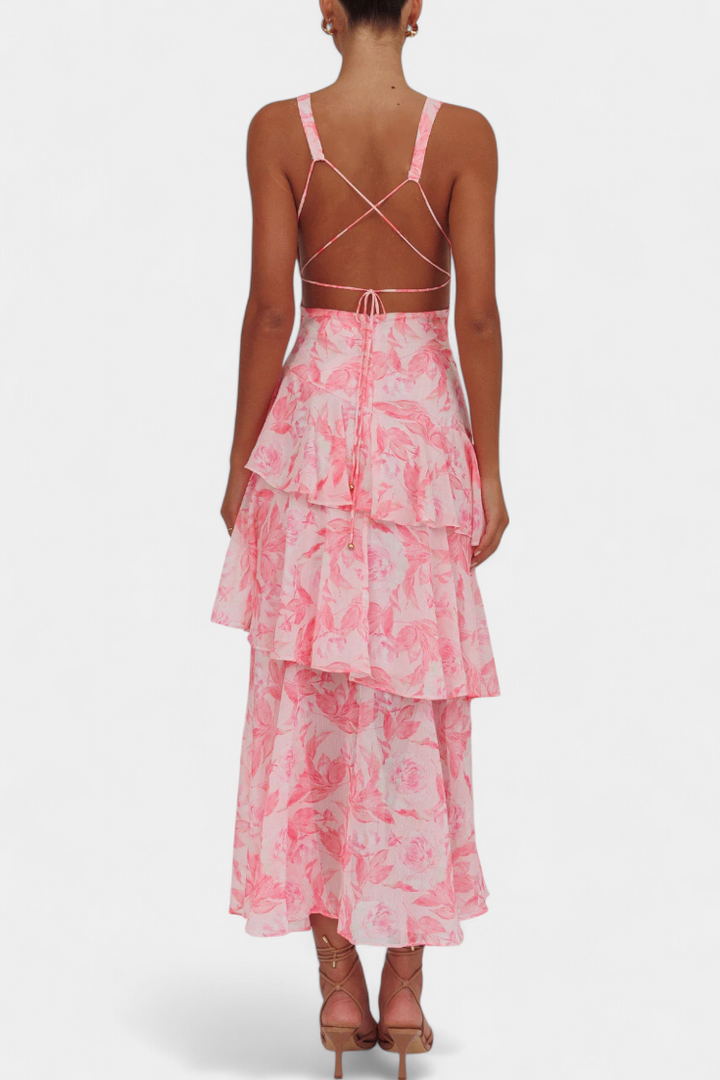Domenica - Vestido de Gasa con Escote en V y Capas Fluidas para Mujer