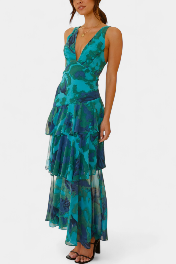 Domenica - Vestido de Gasa con Escote en V y Capas Fluidas para Mujer