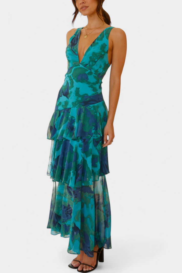 Domenica - Vestido de Gasa con Escote en V y Capas Fluidas para Mujer