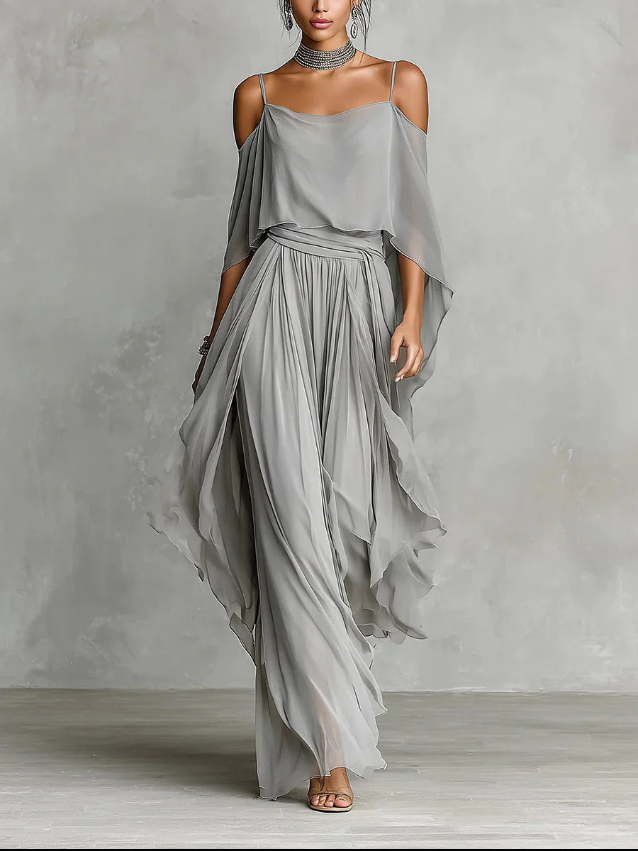 Isabela | Conjunto fluido gris con top de tirantes y pantalón ligero para Mujer