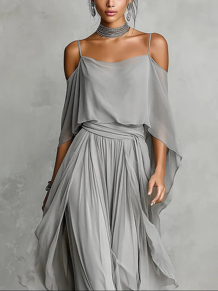 Isabela | Conjunto fluido gris con top de tirantes y pantalón ligero para Mujer