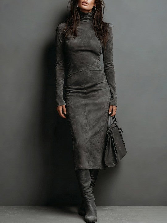 Ilaria - Vestido Midi de Suede con Cuello Alto y Mangas Largas