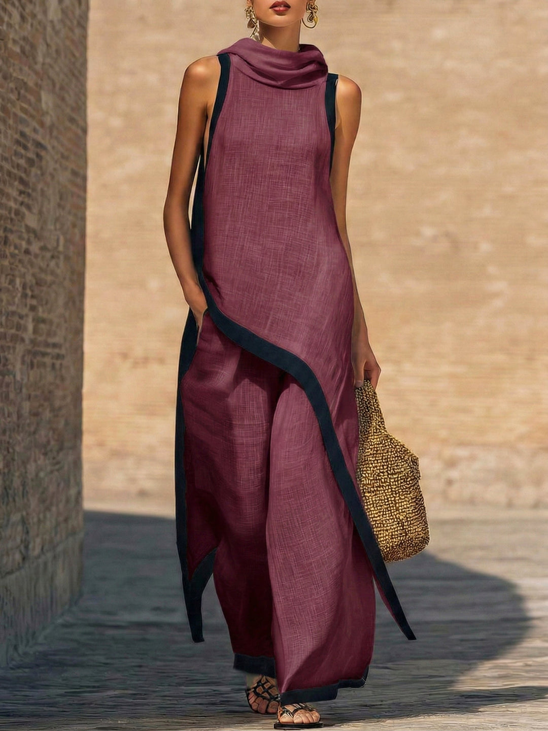 Ruca - Conjunto de dos piezas elegante de lino y algodón con corte artístico para Mujer