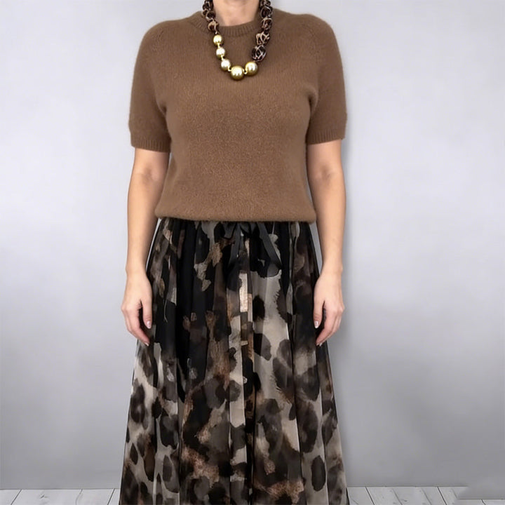 Leo - Conjunto de dos piezas para mujeres compuesto por suéter y falda fluida con patrón de leopardo