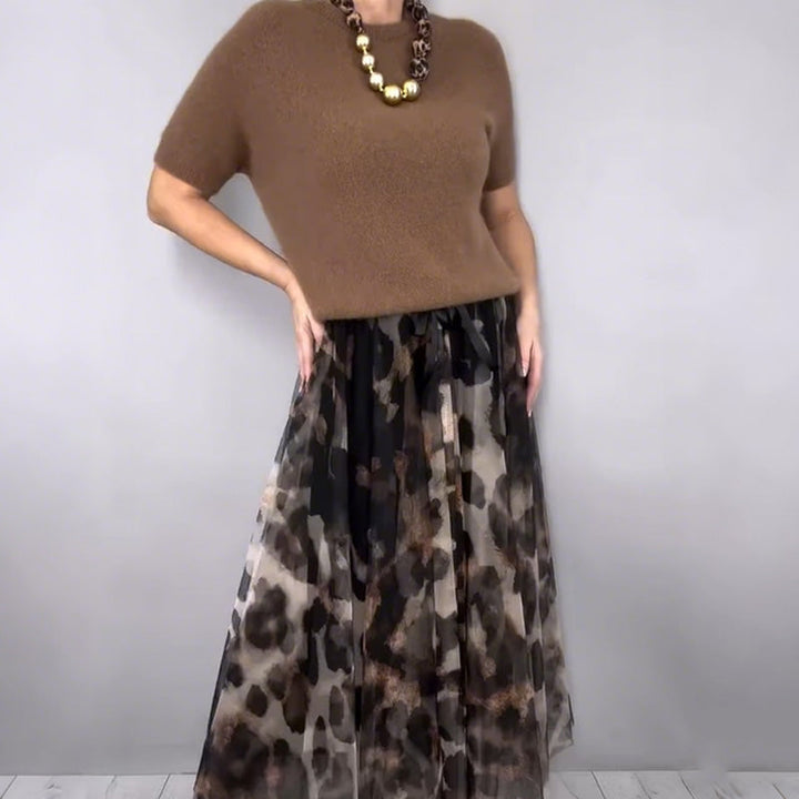 Leo - Conjunto de dos piezas para mujeres compuesto por suéter y falda fluida con patrón de leopardo