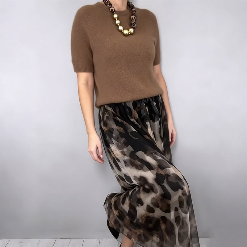 Leo - Conjunto de dos piezas para mujeres compuesto por suéter y falda fluida con patrón de leopardo