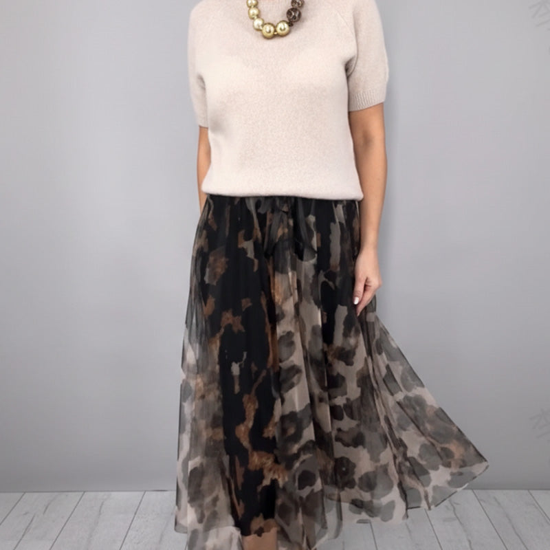 Leo - Conjunto de dos piezas para mujeres compuesto por suéter y falda fluida con patrón de leopardo